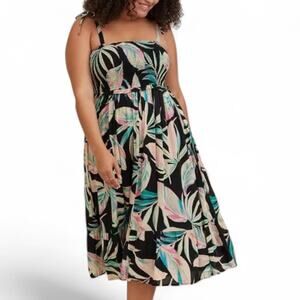 Torrid Black Pink Floral Tropical Midi Sundress Smocked Tie Shoulder Chic 2/2X
